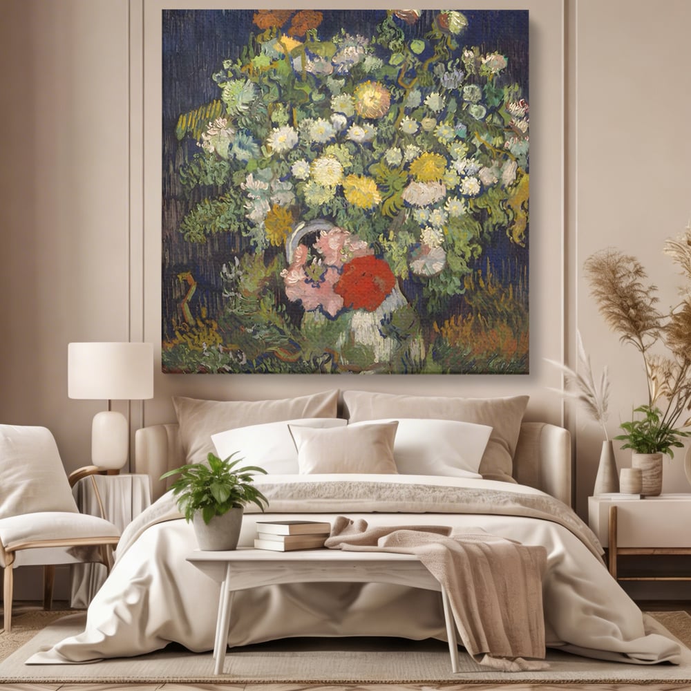 Tablou canvas cu reproducere pictura cu buchet de flori, fara rama, pe sasiu de lemn, pe perete intr-un dormitor